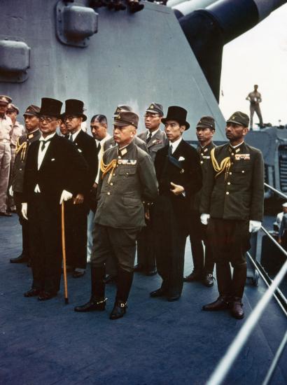 The surrender of Japan ceremony takes place aboard the battleship USS Missouri in Tokyo Bay, Japan, Sept. 2, 1945. Credit: Army VIRIN: 450902-O-ZZ999-001C