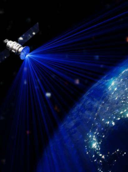 Satellite In Space Station Orbiting Earth stock photo