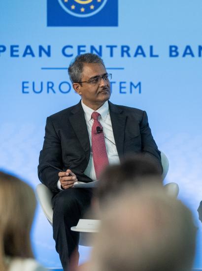 Senior Fellow Amit Seru (left), co-director of Hoover's Financial Regulation Working Group, chairs a panel on non-bank financial intermediaries, including Nicola Cetorelli (right), head of financial intermediation at the Federal Reserve Bank of New York. Photo credit: Andrej Hanzekovic/ECB