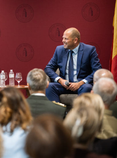 Hoover Institution Director Condoleezza Rice and Belgian Minister of Defence Theo Francken speak in Hoover’s Shultz Auditorium on October 7, 2025. (Patrick Beaudouin)