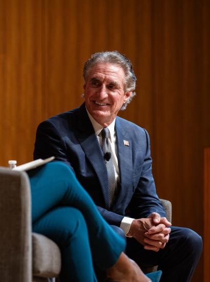 US Secretary of the Interior Doug Burgum is seen in Hauck Auditorium with Hoover Institution Director Condoleezza Rice on October 10, 2025. (Patrick Beaudouin)