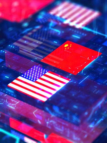 Processor Unit, Chip War. The Chip Crisis, The World's Big Problem. China and usa Flag. stock photo