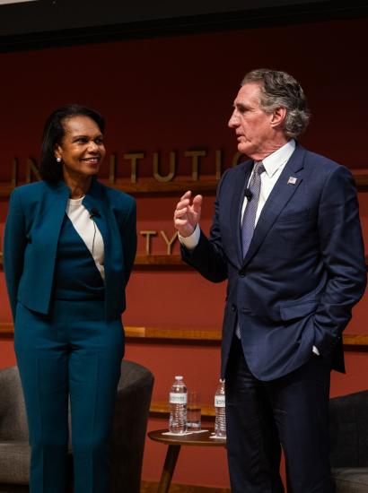 Hoover Institution Director Condoleezza Rice and Secretary of Interior Doug Burgum are seen in Hauck Auditorium on October 10, 2025. (Patrick Beaudouin)