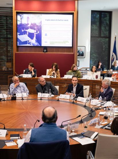 Participants in the Promises and Challenges of Decentralized Governance conference are seen in the Annenberg Conference Room on November 6, 2025. (Patrick Beaudouin)
