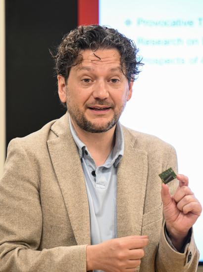 Simone D’Amico speaks to members of Congress and their staff members at an event at Stanford University on May 30, 2024. (Rod Searcey)