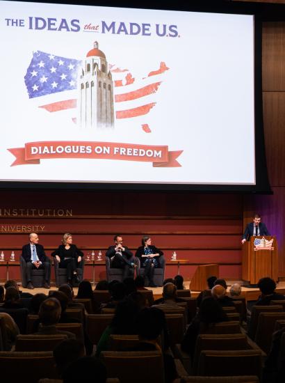 Speakers for Ideas That Made U.S.: Dialogues on Freedom, are seen in Hauck Auditorium on February 11, 2026. (Patrick Beaudouin) 