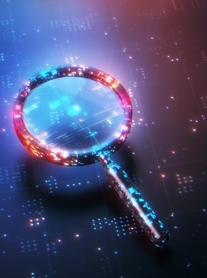 Digital Glitter Magnifying Glass on Technological Background, Search Engine Solution analysis Concept stock photo