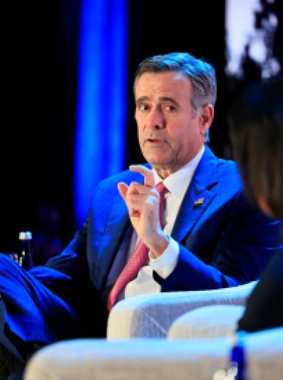 CIA Director John Ratcliffe and Hoover Institution Director Condoleezza Rice discuss US intelligence priorities at the Winter Board of Overseers meeting in Washington, DC, on February 22, 2026. (Eric Draper)