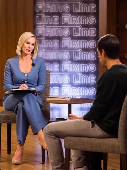 The Firing Line host Margaret Hoover speaks with Distinguished Fellow Jim Mattis and author Ryan Holiday in Hauck Auditorium on March 18, 2026. (Patrick Beaudouin)