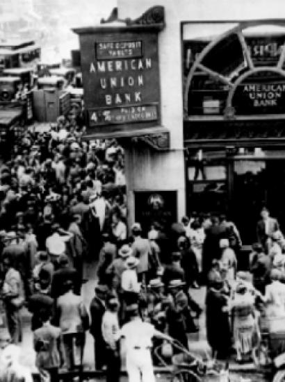 Crowd at New York's American Union Bank during a bank run early in the Great Depression.