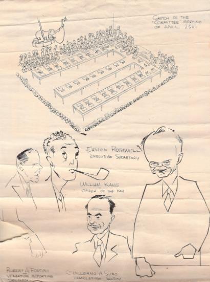 Satirical drawing of the members of the secretariat of the conference; C. Easton Rothwell on the right (Andrew Roy De Metriff Papers, Hoover Institution Archives)