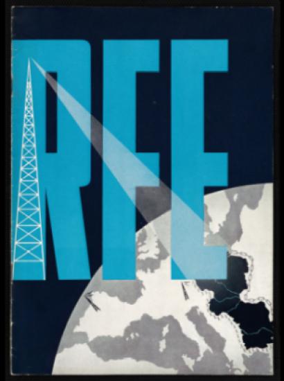 Cover of a booklet produced by Radion Free Europe and showing large RFE letters in blue with a white radio tower over the left side of the R, and broadcasting to eastern europe