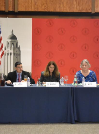 Image of Hoover research fellow Alice Miller (second from right) and distinguished visiting fellow Elizabeth Economy (middle) at the Taiwan Relations Act roundtable discussion.