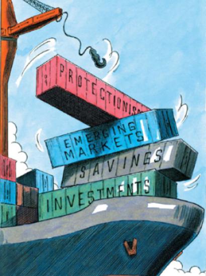 Ship and containers labeled with economic terms