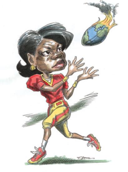 cartoon of Condoleezza Rice catching a political football