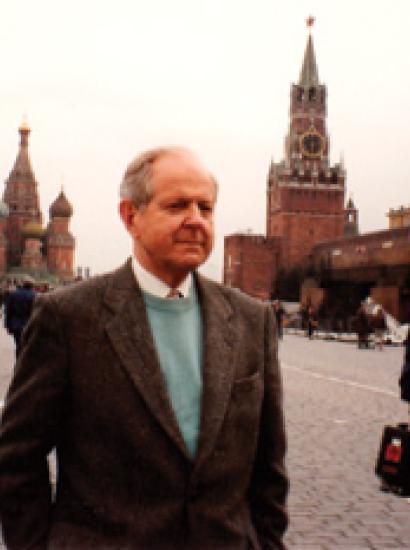 Robert Conquest and a television crew prepare for a scene in the documentary Red Empire