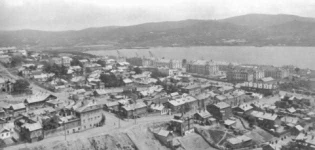 Black and white aerial photo of Vladivostok city in Russia