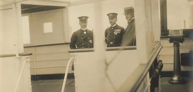 3 men standing on the deck of the Tanba Maru