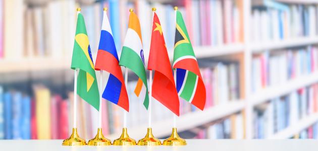 Flags of BRICS or group of five major emerging national economy i.e Brazil, Russia, India, China, South Africa. BRICS members are all leading developing countries.