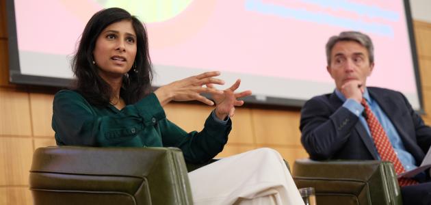 IMF First Managing Deputy Director Gita speaks about risks to global trade and the eroding dominance of the US dollar at Stanford University on May 7, 2024. (Ryan Zhang)