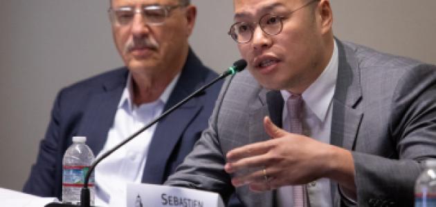 Sebastien Lai, son of imprisoned Hong Kong democracy activist and newspaper publisher Jimmy Lai, speaks at the Hoover Institution on May 14, 2024.