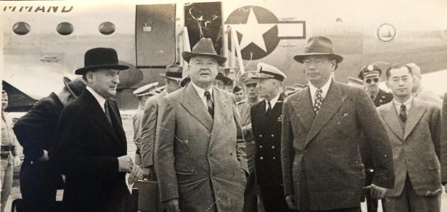 TV Soong greets Herbert Hoover at the Nanking airport, May 1946