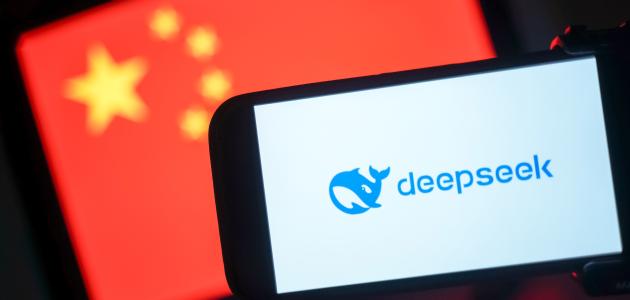 DeepSeek logo in front of a Chinese flag
