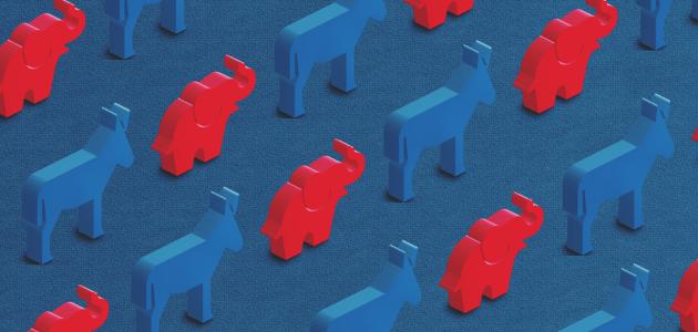 Democratic Blue Donkey and Republican Red Elephant - stock photo