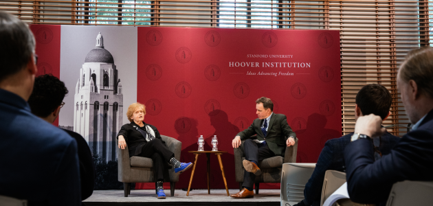 Deborah Lipstadt, who served as US special envoy for monitoring and combating anti-Semitism, speaks with Hoover Senior Fellow Niall Ferguson at the 2025 Hoover History Symposium on anti-Semitism on February 11, 2025. (Patrick Beaudouin)