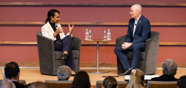 Hoover Institution Director Condoleezza Rice and Utah Governor Spencer Cox speak at the iCivics Civic Learning Week National Forum at the Hoover Institution on March 13, 2025. (Patrick Beaudouin)