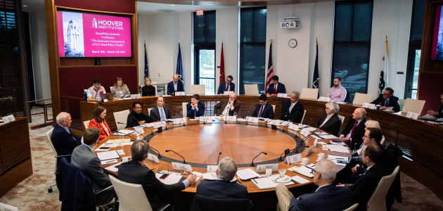 Attendees of the Fiscal Policy Initiative Conference are seen in Annenberg Conference Room at the Hoover Institution on March 10, 2025. (Patrick Beaudouin) 