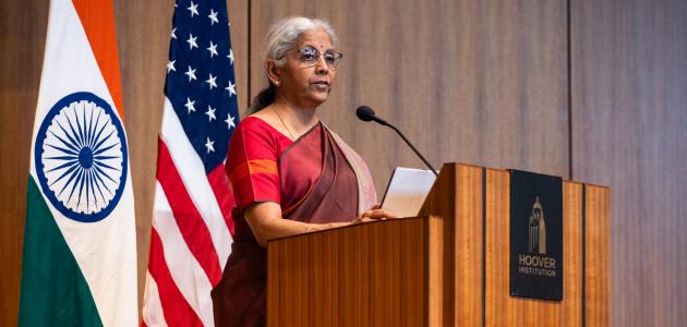 Indian Finance Minister Nirmala Sitharaman speaks about India’s modernization efforts in Hauck Auditorium on April 21, 2025. (Patrick Beaudouin)