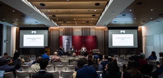 Attendees of the Social Media and Democratic Practice conference are seen in Shultz Auditorium on March 17, 2025. (Patrick Beaudouin)