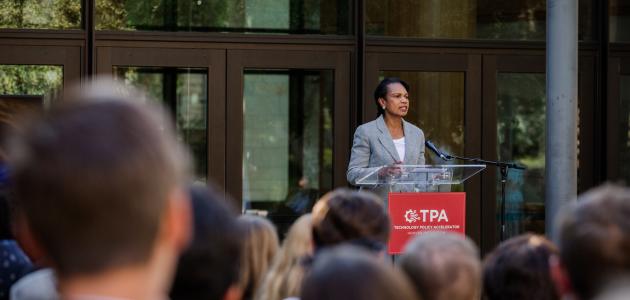 Hoover Institution Director Condoleezza Rice speaks at the launch of the Technology Policy Accelerator in Hoover’s Fairweather Courtyard on June 16, 2025. (Patrick Beaudouin)