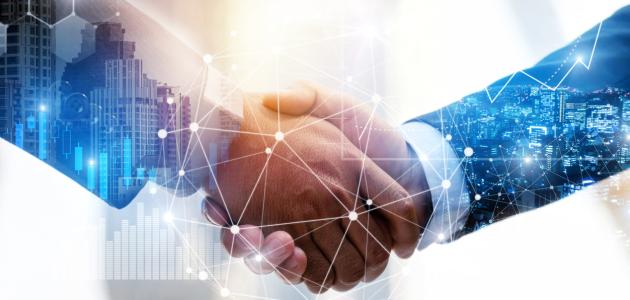 Business Partnership. business man investor handshake with effect global network link connection and graph chart of stock market graphic diagram, digital technology, internet and partnership concept stock photo