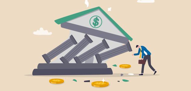 Banking collapse or bank run, financial crisis or bankruptcy problem, stock market crash or credit risk, failure or investment failure concept, frustrated businessman look at collapsing bank building. stock illustration