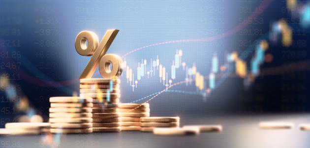 Percentage Sign On Top Of Coin Stacks Before Blue Financial Graph stock photo