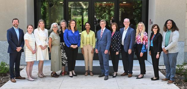 State education chiefs pose for a photo with Hoover Institution Director Condoleezza Rice on May 15, 2025. (Rod Searcey)