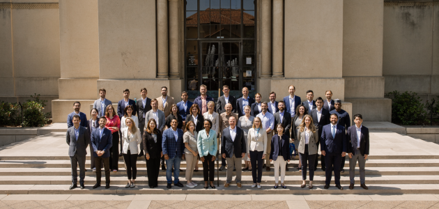 The 2025 cohort of Hoover Institution International Seminar participants are seen outside Hoover Tower with Condoleezza Rice and H.R. McMaster (center) on June 23, 2025. (Patrick Beaudouin)