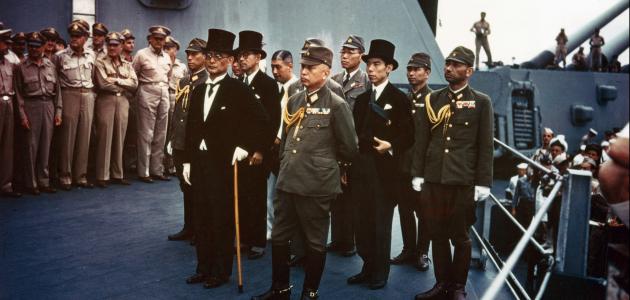 The surrender of Japan ceremony takes place aboard the battleship USS Missouri in Tokyo Bay, Japan, Sept. 2, 1945. Credit: Army VIRIN: 450902-O-ZZ999-001C