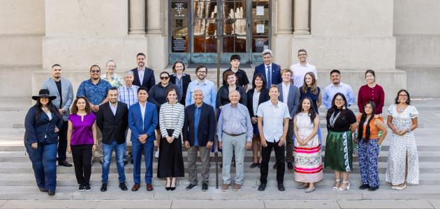 Attendees at the fifth annual Hoover Institution Indigenous Student Seminar are seen in front of Hoover Tower on August 4, 2025. (Patrick Beaudouin)