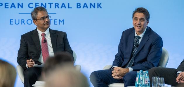 Senior Fellow Amit Seru (left), co-director of Hoover's Financial Regulation Working Group, chairs a panel on non-bank financial intermediaries, including Nicola Cetorelli (right), head of financial intermediation at the Federal Reserve Bank of New York. Photo credit: Andrej Hanzekovic/ECB