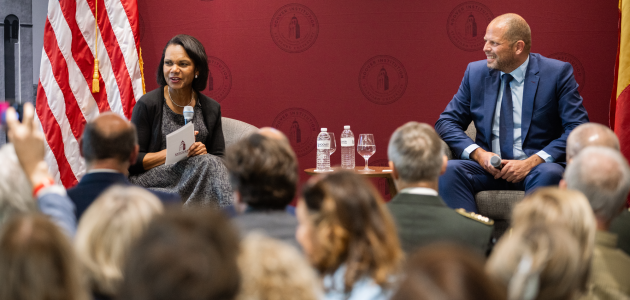 Hoover Institution Director Condoleezza Rice and Belgian Minister of Defence Theo Francken speak in Hoover’s Shultz Auditorium on October 7, 2025. (Patrick Beaudouin)