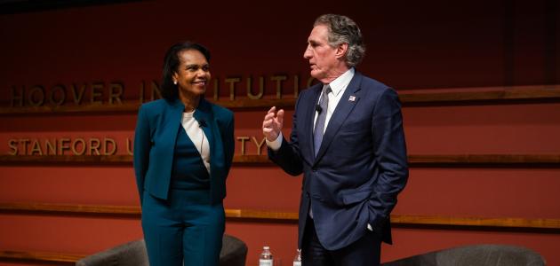 Hoover Institution Director Condoleezza Rice and Secretary of Interior Doug Burgum are seen in Hauck Auditorium on October 10, 2025. (Patrick Beaudouin)