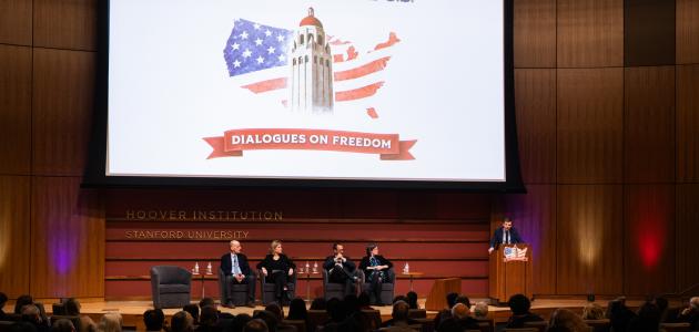 Speakers for Ideas That Made U.S.: Dialogues on Freedom, are seen in Hauck Auditorium on February 11, 2026. (Patrick Beaudouin) 