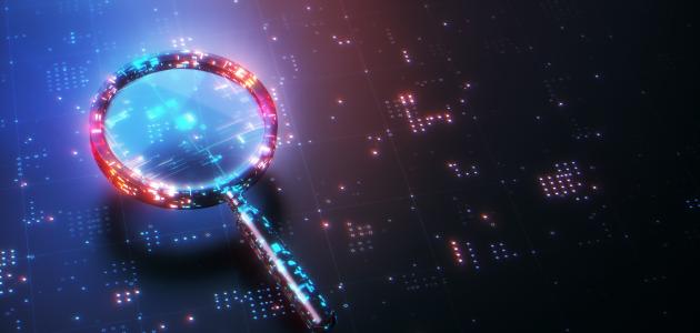 Digital Glitter Magnifying Glass on Technological Background, Search Engine Solution analysis Concept stock photo