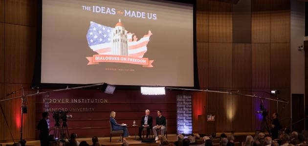 The Firing Line host Margaret Hoover speaks with Distinguished Fellow Jim Mattis and author Ryan Holiday in Hauck Auditorium on March 18, 2026. (Patrick Beaudouin)