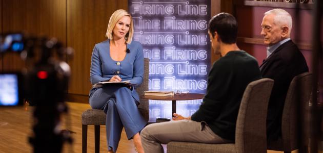The Firing Line host Margaret Hoover speaks with Distinguished Fellow Jim Mattis and author Ryan Holiday in Hauck Auditorium on March 18, 2026. (Patrick Beaudouin)