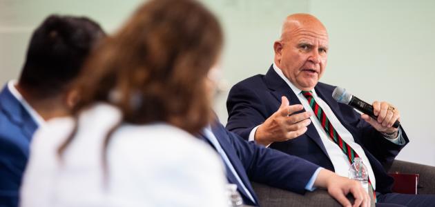 Senior Fellow H.R. McMaster speaks about the war in Afghanistan during a panel discussion on the war in Afghanistan held in Hoover’s Shultz Auditorium on April 9, 2026. (Patrick Beaudouin)