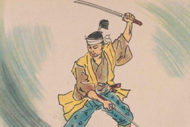 kamishibai card illustration showing a samurai weilding two swords.